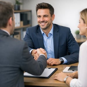 Professionista che stringe la mano a un recruiter durante un colloquio di lavoro No visible text no words no letters